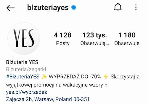 Co napisać w biogramie na Instagramie - przykład marki YES