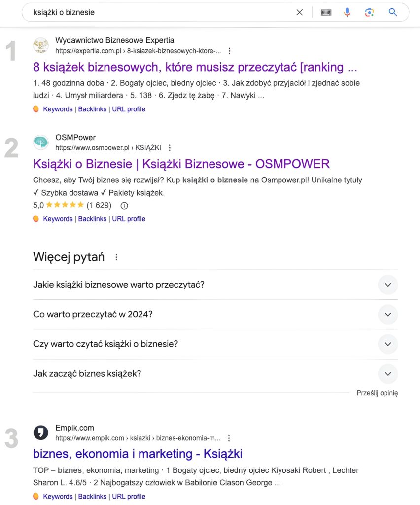 zrzut wyników wyszukiwania z Google po frazie książki o sprzedaży